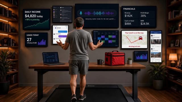 A man walking on a treadmill desk, talking to a wall of screens showing income, leads, financials, a calendar and a voice assistant