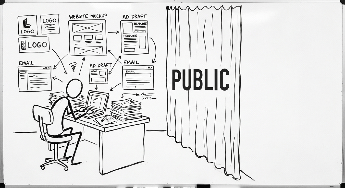 Stick figure at a desk surrounded by website mockups, logos, ad drafts, and emails — all behind a curtain labeled PUBLIC