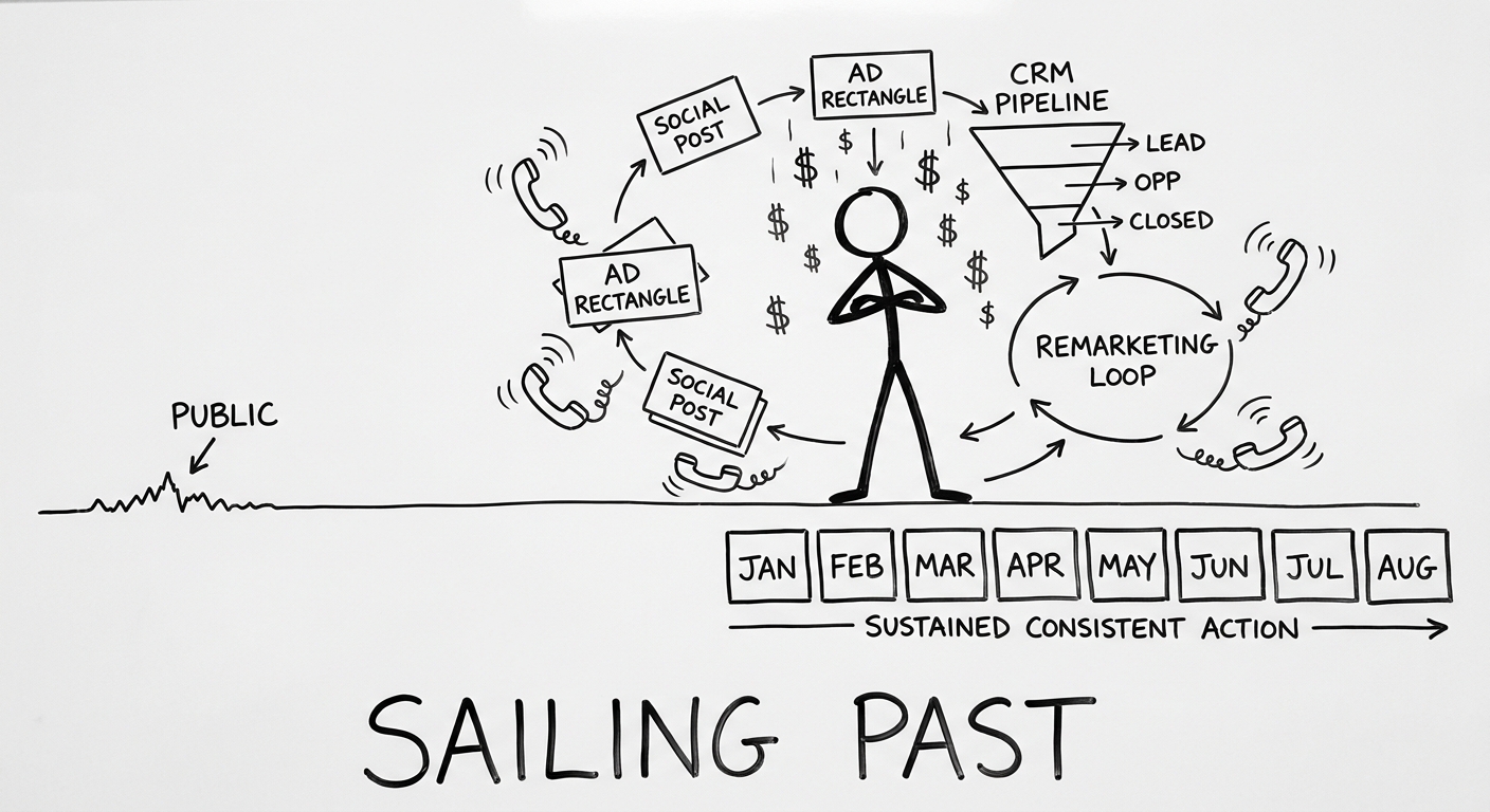 Stick figure surrounded by social posts, ads, phone calls, a CRM pipeline, a remarketing loop, and dollar signs, with a calendar showing JAN through AUG labeled SUSTAINED CONSISTENT ACTION