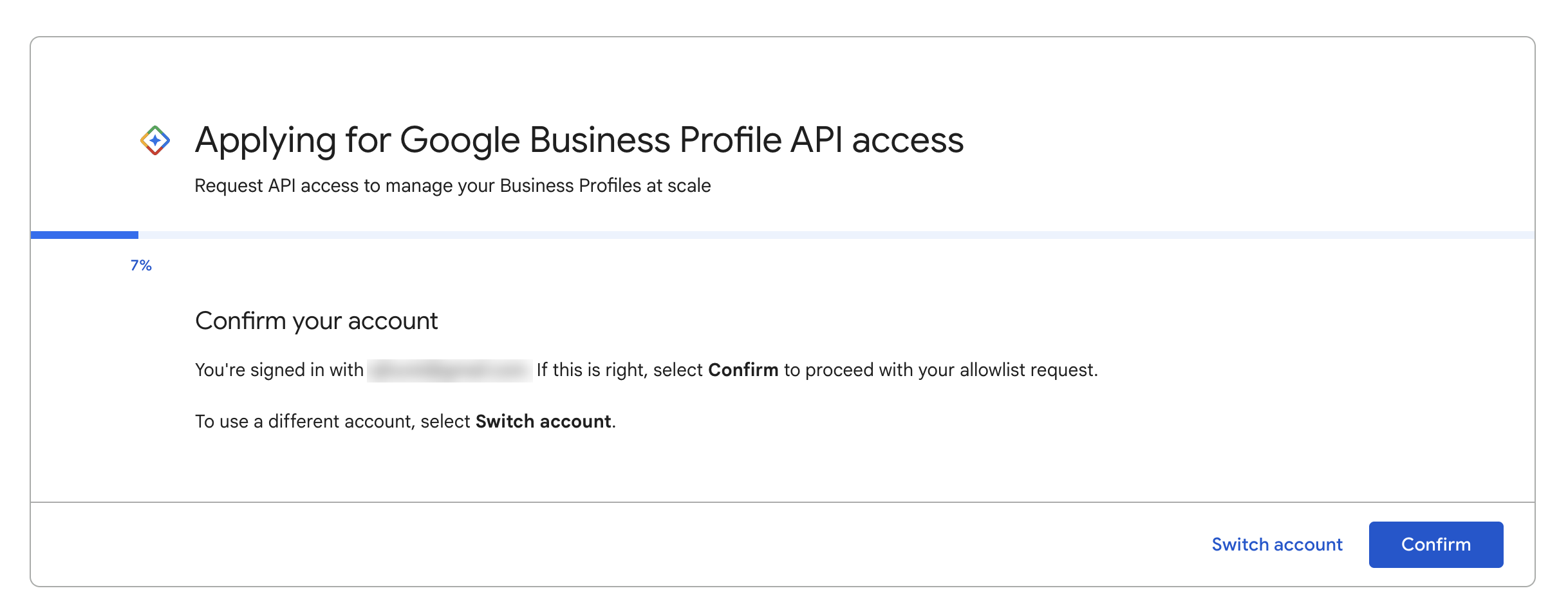 Confirm your account screen at 7 percent of the wizard