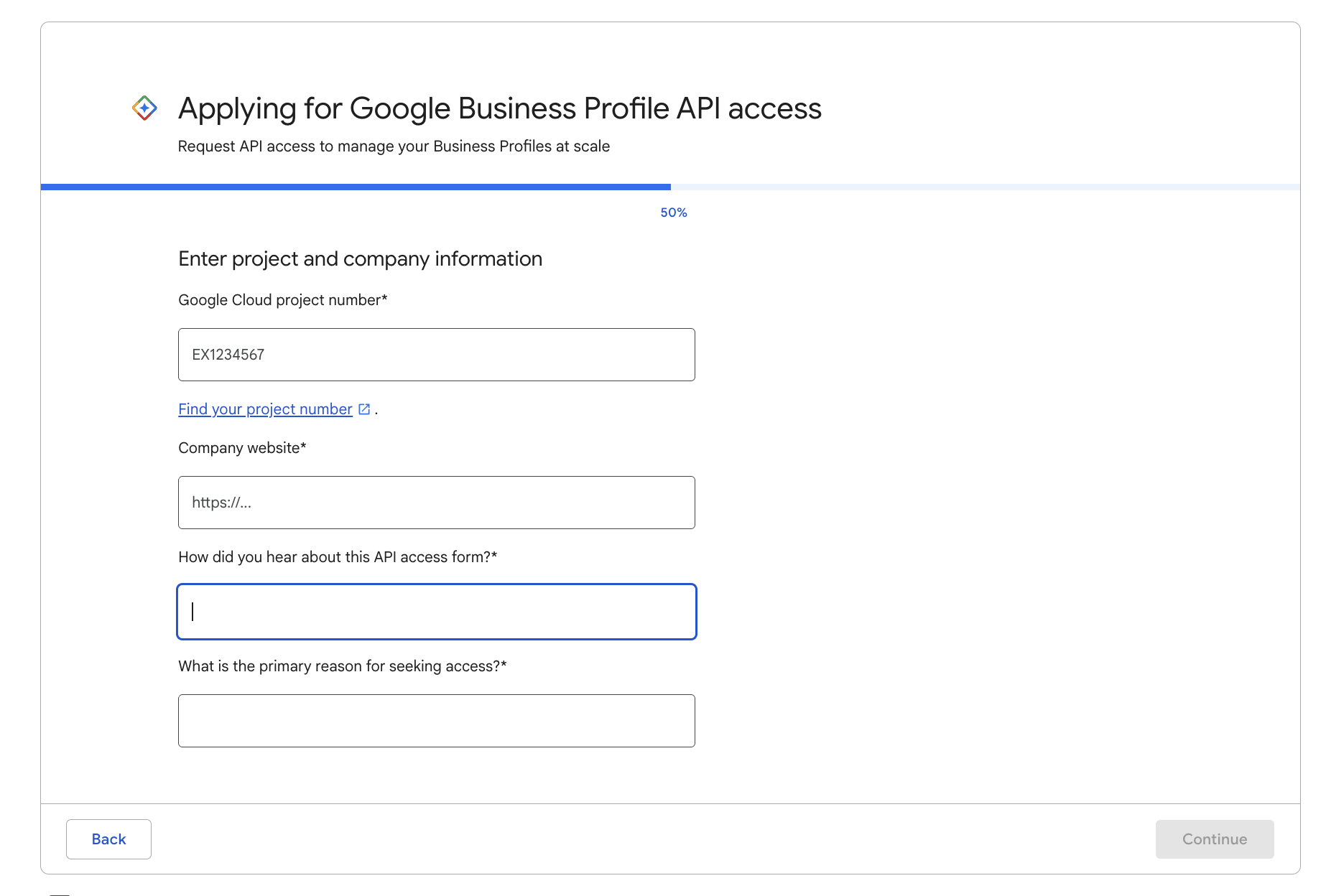 Enter project and company information at 50 percent of the wizard