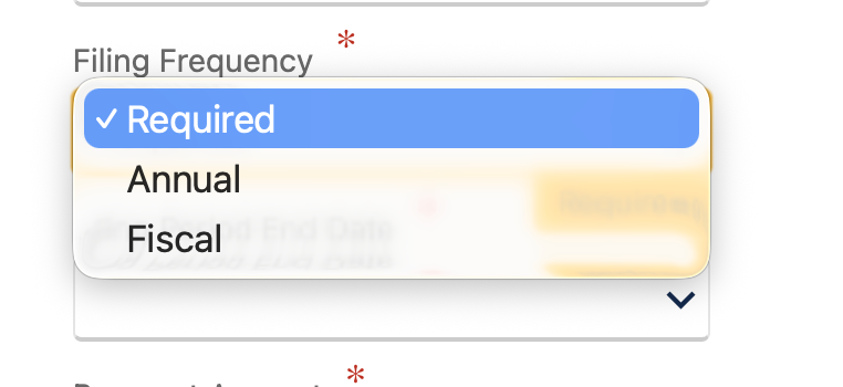 Filing Frequency dropdown showing Annual