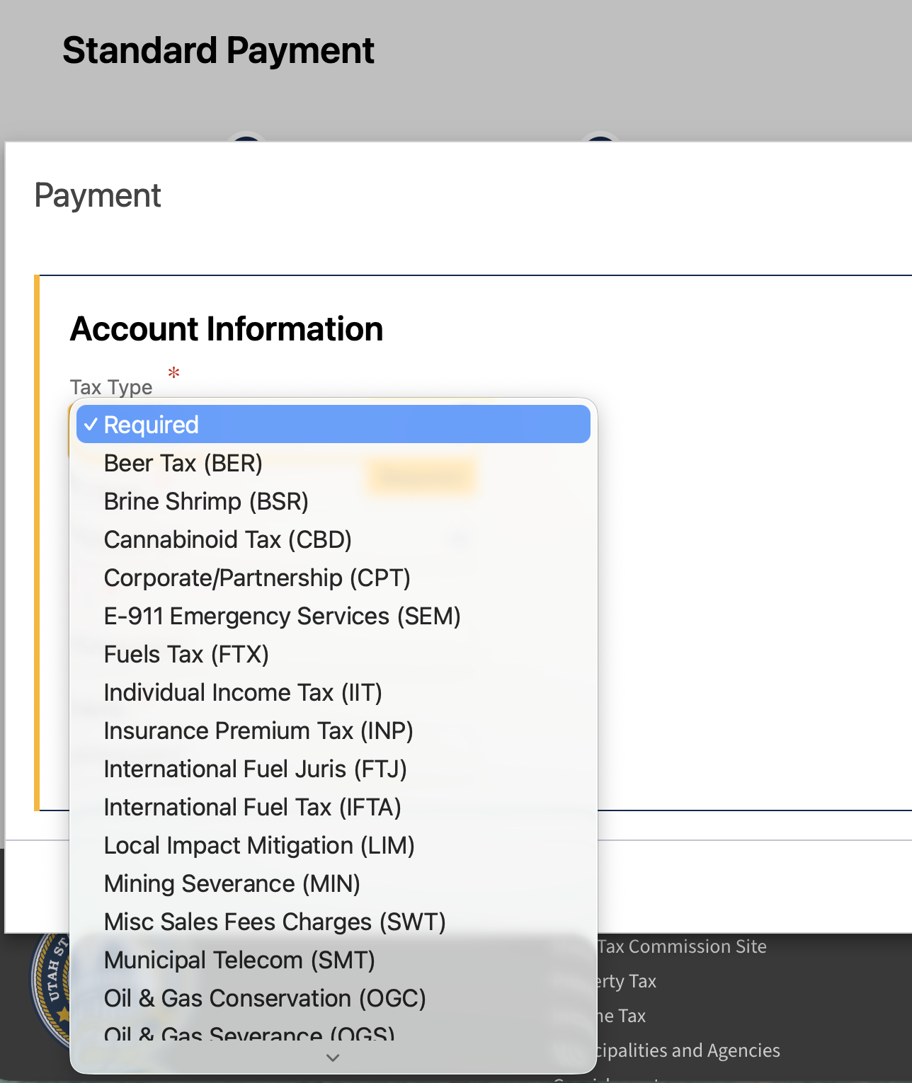 Standard Payment selection screen