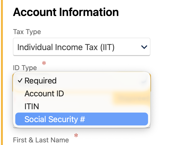 Tax Type set to Individual Income Tax, ID Type dropdown showing Social Security Number