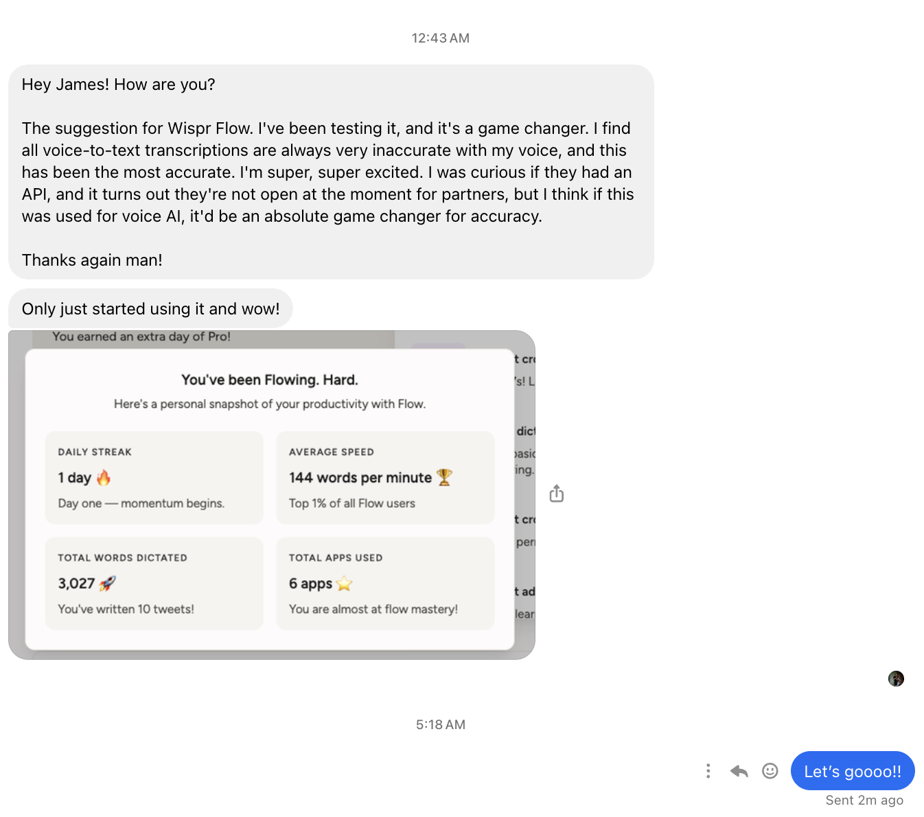 Wispr Flow testimonial showing 144 WPM and top 1% speed ranking